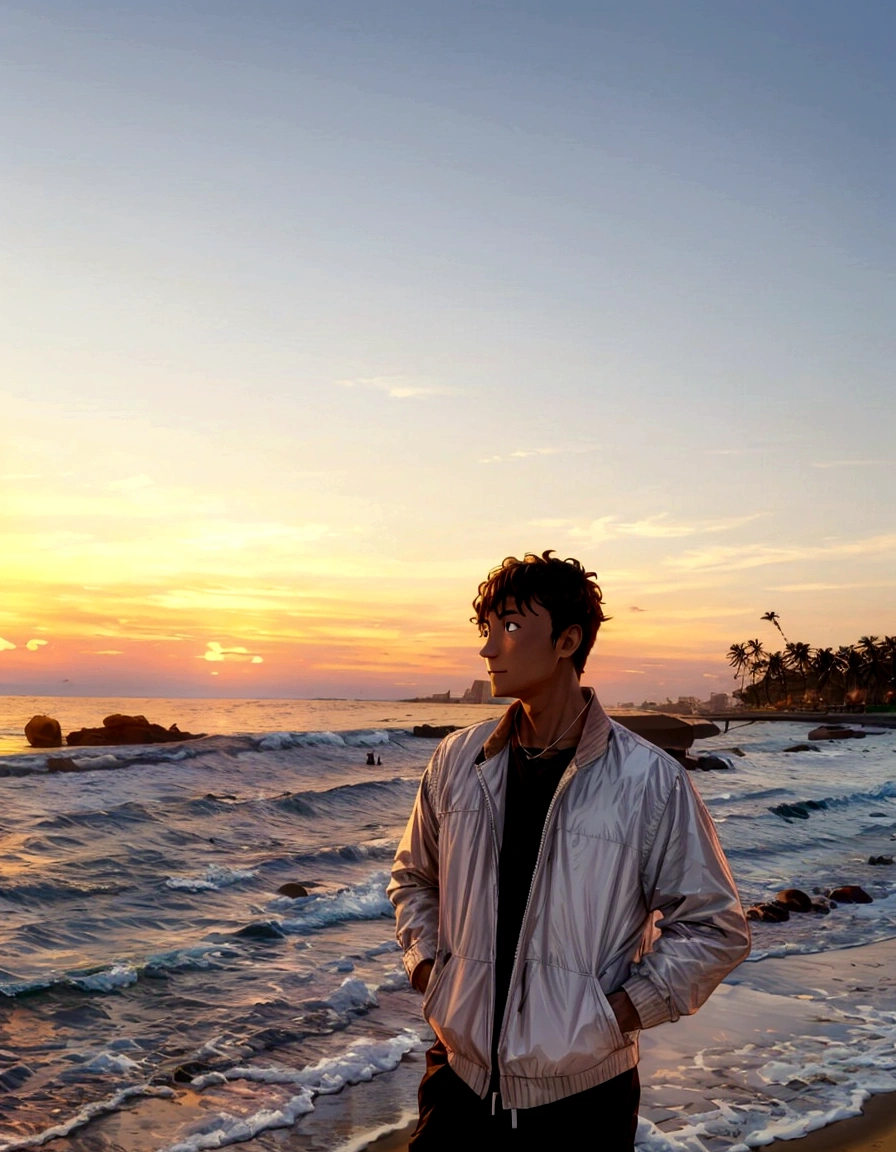 arafed man standing on a beach with a sunset in the background, with sunset, with a sunset, at beach at sunset, at a beautiful sunset, on the beach during sunset, during sunset, during golden hour, in the sunset, standing at the beach, at the beach on a sunset, sunset in background, standing on the beach at sunset