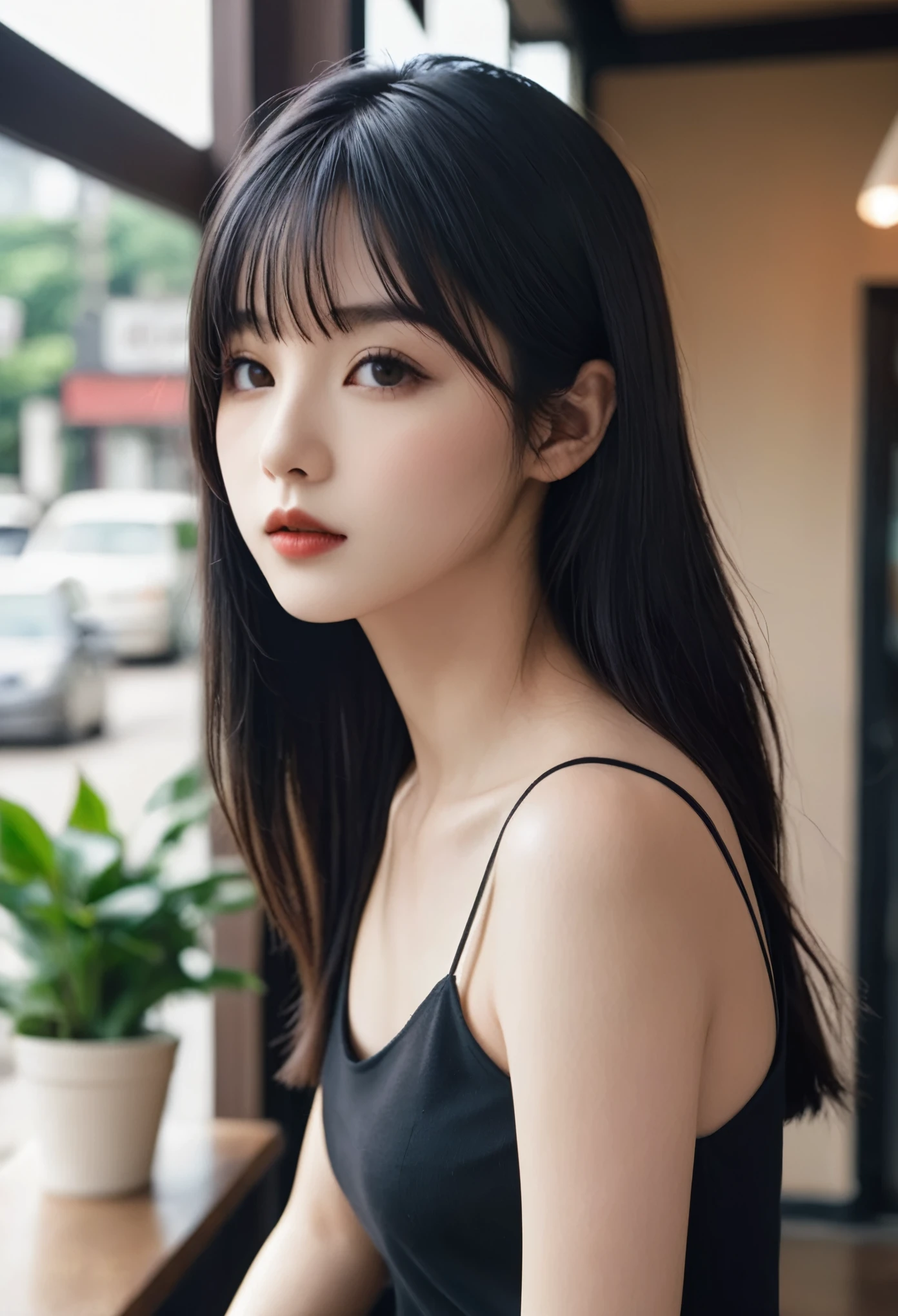 a girl，cute and pretty face，Long straight black hair，Long bangs covering eyes，long eyelashes，(Fine eyes)，small eyes，(half-closed eyes)，(Dark lipstick)，(Dark eyeshadow)，Slim body，Slender limbs，Black spaghetti strap dress，Inside an old coffee shop，clean focus，shallow Depth of Field，Ultra-detailed faces，very beautiful face，Extremely high texture skin，Look into the distance，beautiful legs，seductive，femainine pose，(realistic ，realistic-photo，RAW photo，8K original)，lens flare，film grain，artistic photography，UHD，highres，masterpiece，retina，