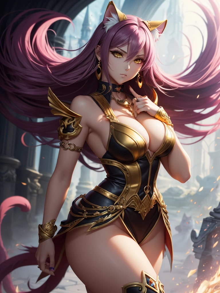 There is lost coliseum there stand female lionessin battle stance, she have ebony colour skin beautiful yellow cat eyes dark gold eyeshadows make up, ring style earrings, her hair is purple with pink highlights . she dressed in white neather topic with golden parts on countures also short and white leather straps on her cat legs instead of boots, her hands have hude ruby claws on her fingers, (ultra high quality fantasy art, anime fantasy style, masterpiece, ultra high quality character design, 8k quality anime art, realistic anime art, top quality wallpaper illustration, detailed ultra high quality accurate face, high quality design and accurate physic)