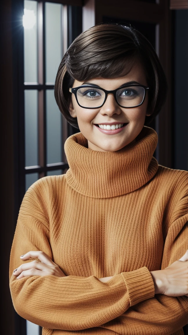 Sensual Velma from Scooby Doo with big  and square glasses wearing a tight orange turtleneck sweater, danadinho, sacanagem, Decote, em uma casa mal-assombrada, athletic and fit body, danadinho, perfect hands, detailed hands, olhos perfeitos, olhos detalhados,  provocante, Sensual, danadinho, grande alegre , realista, hdr, Ultra HD, dynamic