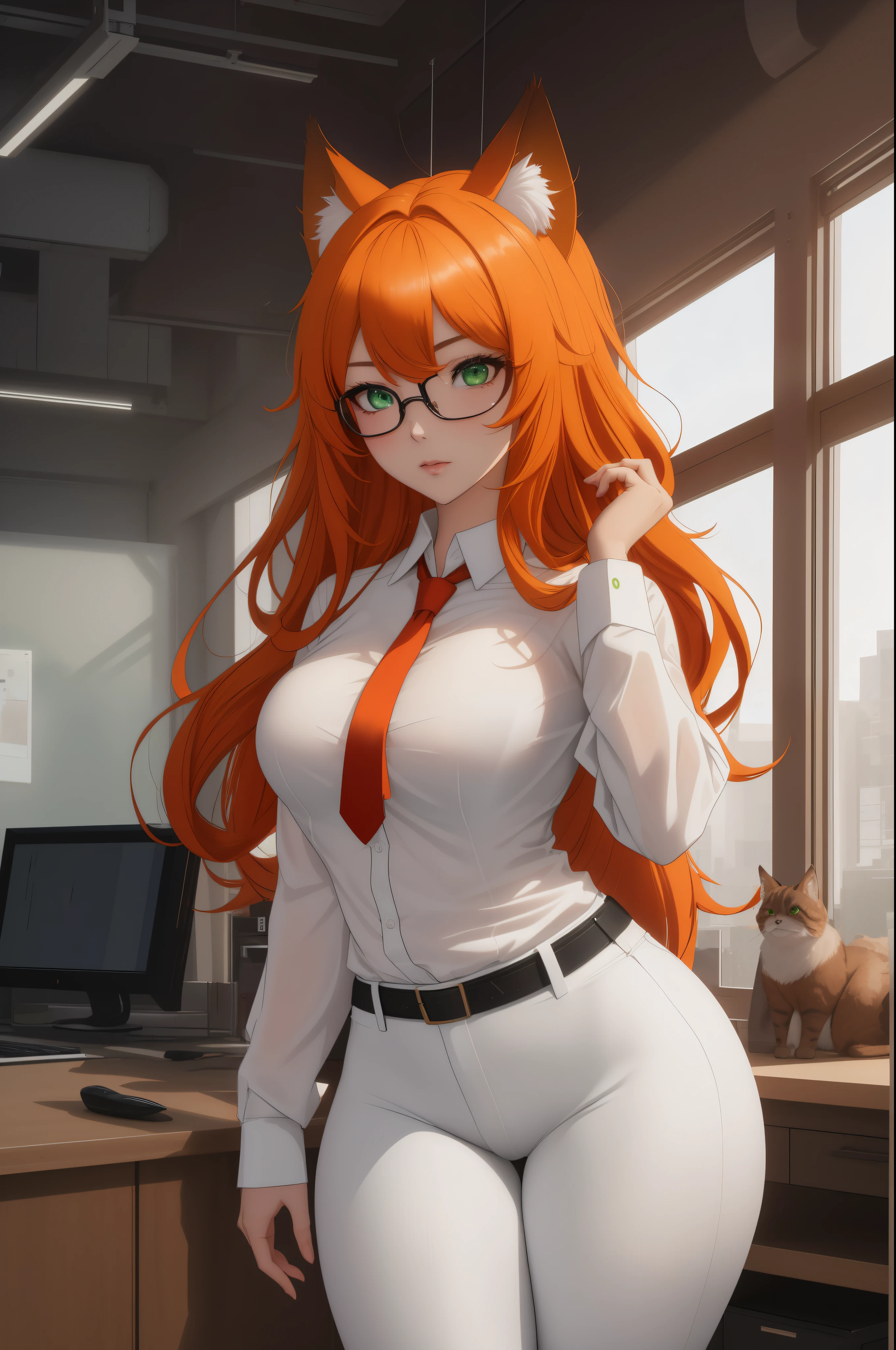 (masterpiece, Best quality), 8K, ultra detailed, realistic photo, Detailed face, perfect lighting, green eyes, bright orange hair, bright hair, fox ears, nice legs, side photo, beautiful, Cute, skin pores, 1 girl, perfect shirt, fully dressed, beautiful women 30 years old, Beautiful proportions, Russian woman, Caucasian, European, Business lady, stunningly beautiful woman, mother, thick legs, show ass, big breasts, (Thin white shirt:1.4), thick, hot, (White Office Wear:1.4), tight pants, (wide hips:1.2), thick, (white Office pants:1.3), spread your legs, Legs open, full length, wide hips, Glasses, with long orange hair, standing on the beach near the ocean, green eyes detailed digital anime art, cat ear, anime girl with long hair, гладкое аниме cg art, anime girl with long hair, digital anime art, work in Guweiz style, Beautiful anime portrait, Photorealistic render of an anime girl, pantyhose, Beautiful anime girl, advanced digital anime art, guweiz на artstation pixiv HD UHD HQ