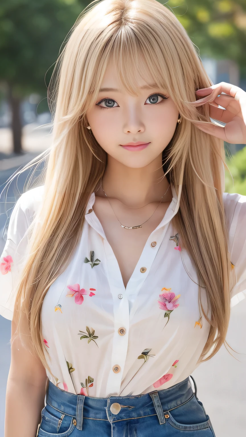 Sunburn marks on tanned skin、blush、Bright blonde hair,A cute -yeld giwith a cute look, A strong wind blows my hair in front of my face、Beautiful big sparkling eyes, Cute eyes hidden by long bangs、Yawn、No visible nasolabial folds、A short, light-colored miniskirt、Multicolored and cute patterned summer shirt、Korean Beauty