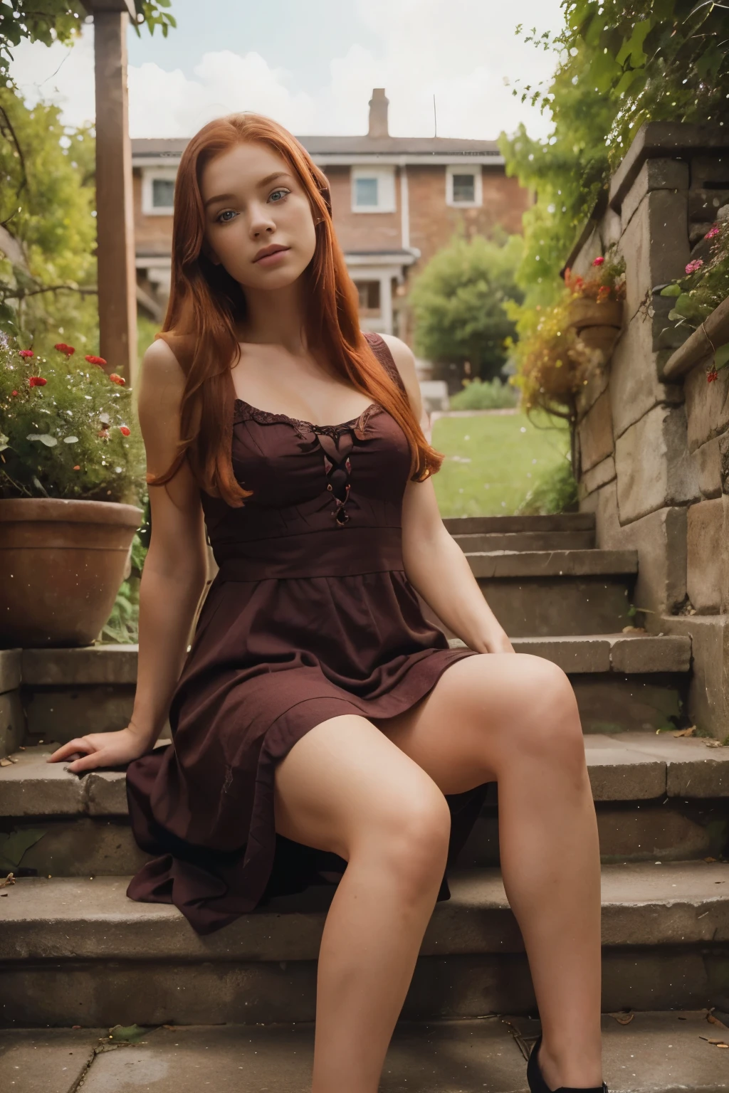 (Realistic 4K photos,Super detailed,red haired girl:1.1,Sitting on the stairs:1.2,dress,beautiful place, Outside 1.1,Highly detailed face,perfection)