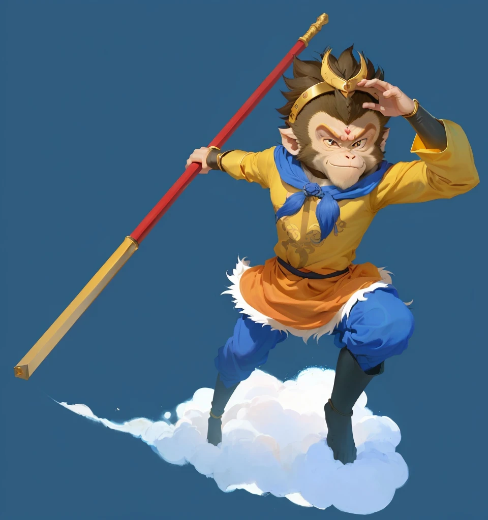 A cartoon image of a monkey holding a pole, sun wukong, wukong, Sun Wukong, Smart monkey with long knife, Akira in Chinese mythology, Journey to the West, hold head high, Humanoid monkey fantasy race, Legendary god holding a spear, avatar hold head high, Inspired by Hu Zaobin, mana in the air, monk