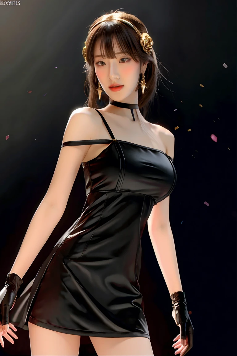 yor briar, (photorealistic), beautiful girl,backlighting, bare shoulders, black background, black dress, black gloves, black hair, breasts, closed mouth, cowboy shot, dress, earrings, expressionless, fingerless gloves, floating hair, gloves, gold earrings, gold hairband, hair flower, hair ornament, hairband, jewelry, large breasts, light particles, long hair, looking at viewer, off-shoulder dress, off shoulder, petals, red eyes, short hair with long locks, sidelocks, solo, spikes, thighs, two-sided dress, two-sided fabric, ((masterpiece))