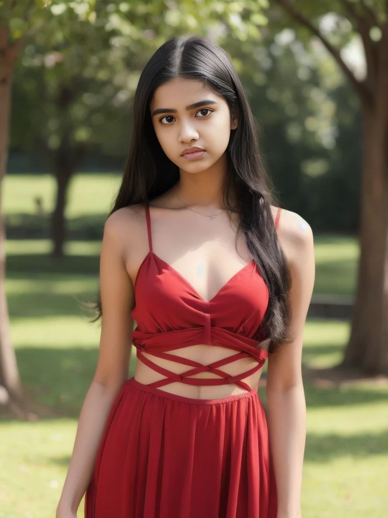 Portrait of 18 years old charming teenager, healthy, beautiful Indian woman, very long black hair, cute and serious, naughty and provoking expression to the viewer, ((red strappy dress))), full body, in the park, sexy, small breasts, perky flat chest, ultrarealistic, photorealistic, detailed, light skin, 8K detailed, [no worries, NSFW,]