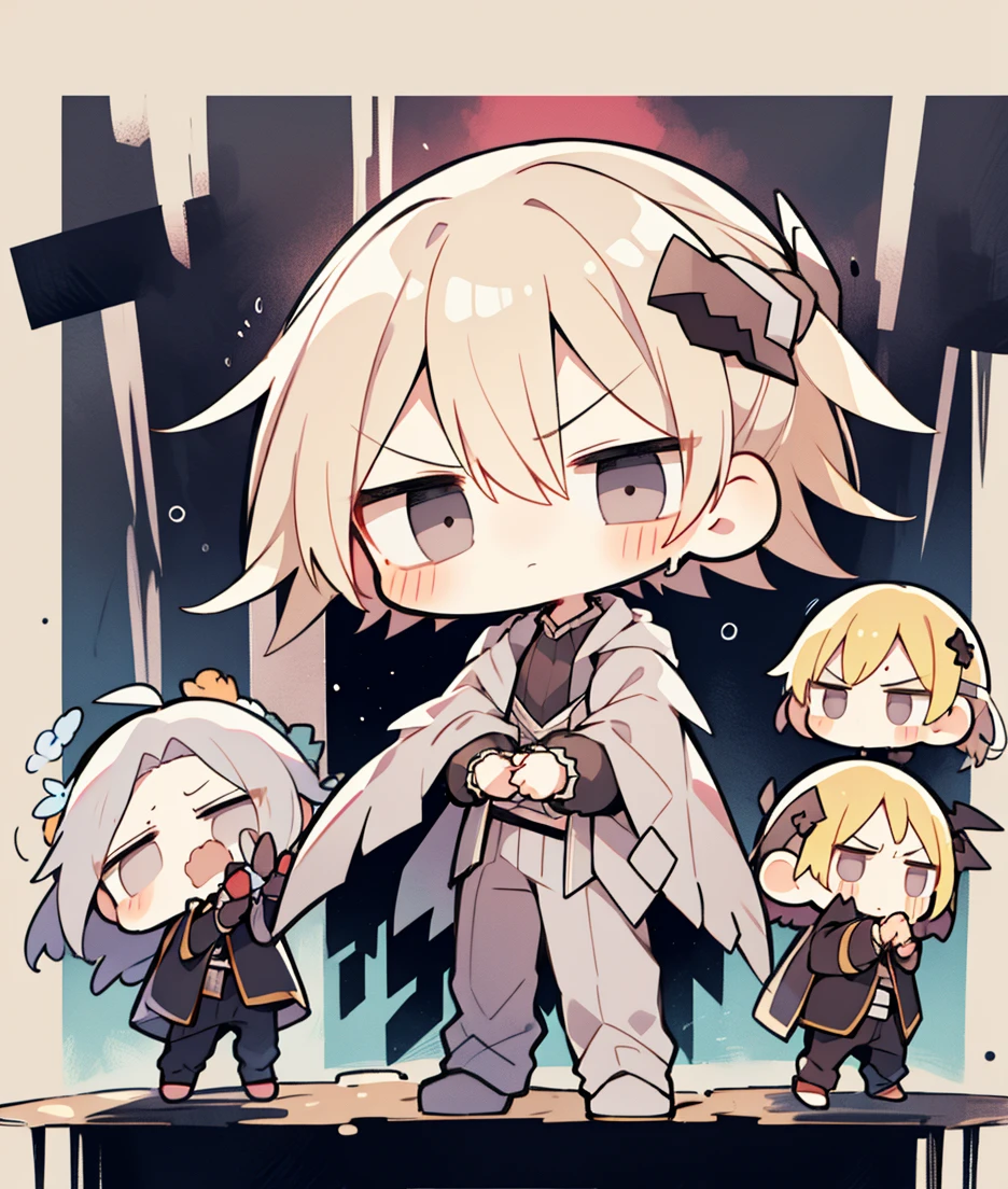 chibi 2boys pastel colors gradient flat chest gothic rose blonde silver hair gray eyes black eyes angry