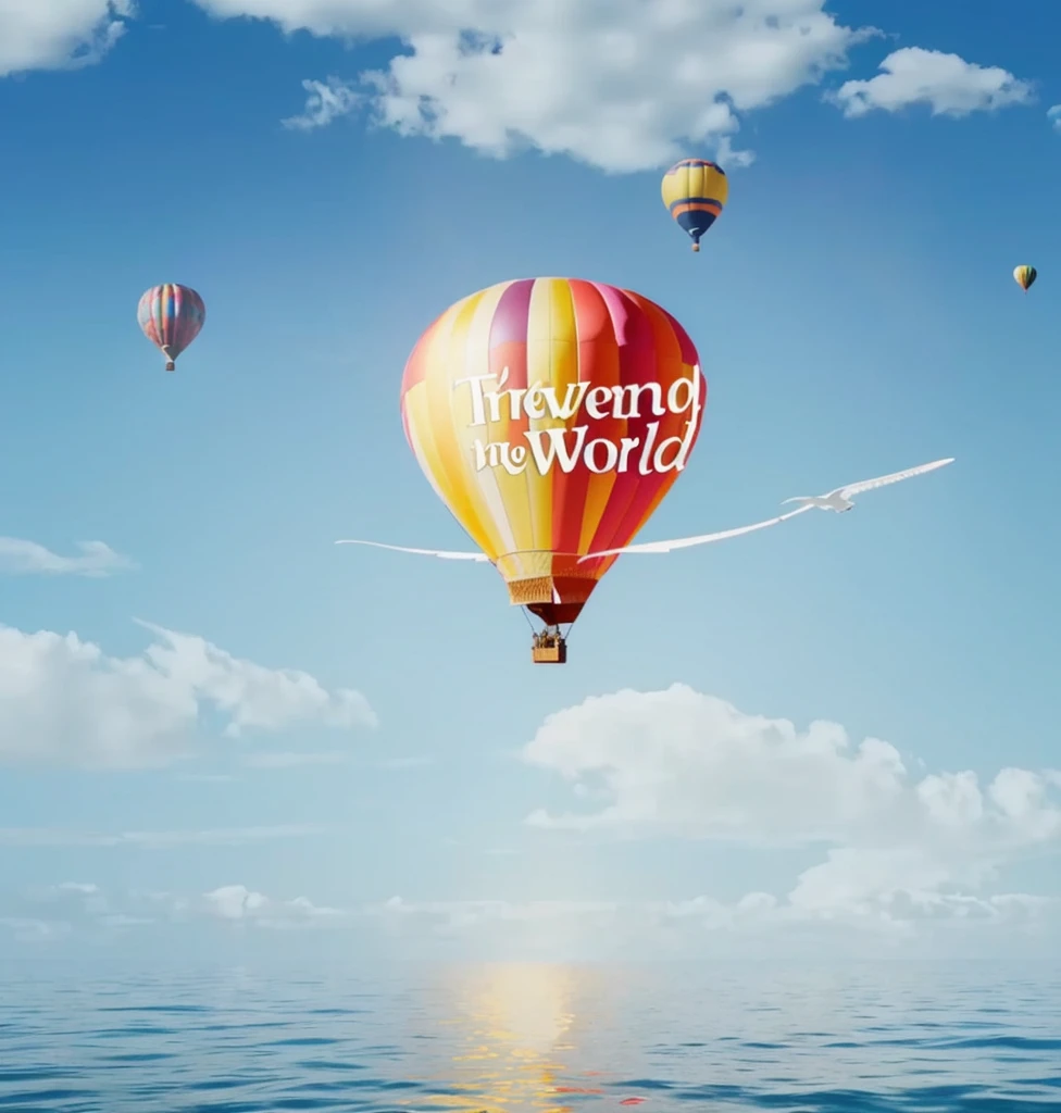 there is a picture of a hot air balloon flying over the ocean, around the world, official artwork, travel ad, travel upwards, round-cropped, round about to start, official art, round background, screen capture, round, screen grab, promotional render, round round round nose, promotional artwork, 🪔 🎨;🌞🌄, tourist destination, promotional art on balloon text "travel round the world" 32K Hyperrealistic style