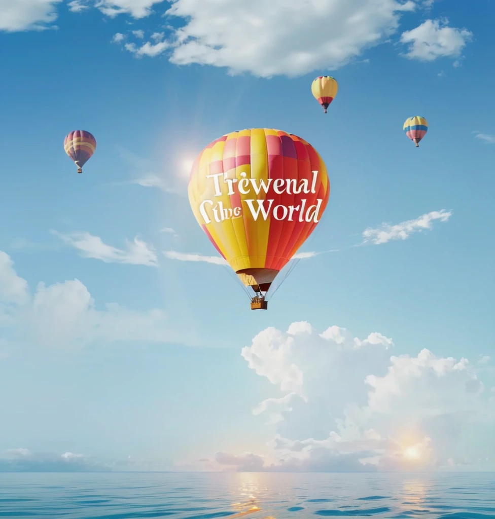 there is a picture of a hot air balloon flying over the ocean, around the world, official artwork, travel ad, travel upwards, round-cropped, round about to start, official art, round background, screen capture, round, screen grab, promotional render, round round round nose, promotional artwork, 🪔 🎨;🌞🌄, tourist destination, promotional art on balloon text "travel round the world" 32K Hyperrealistic style