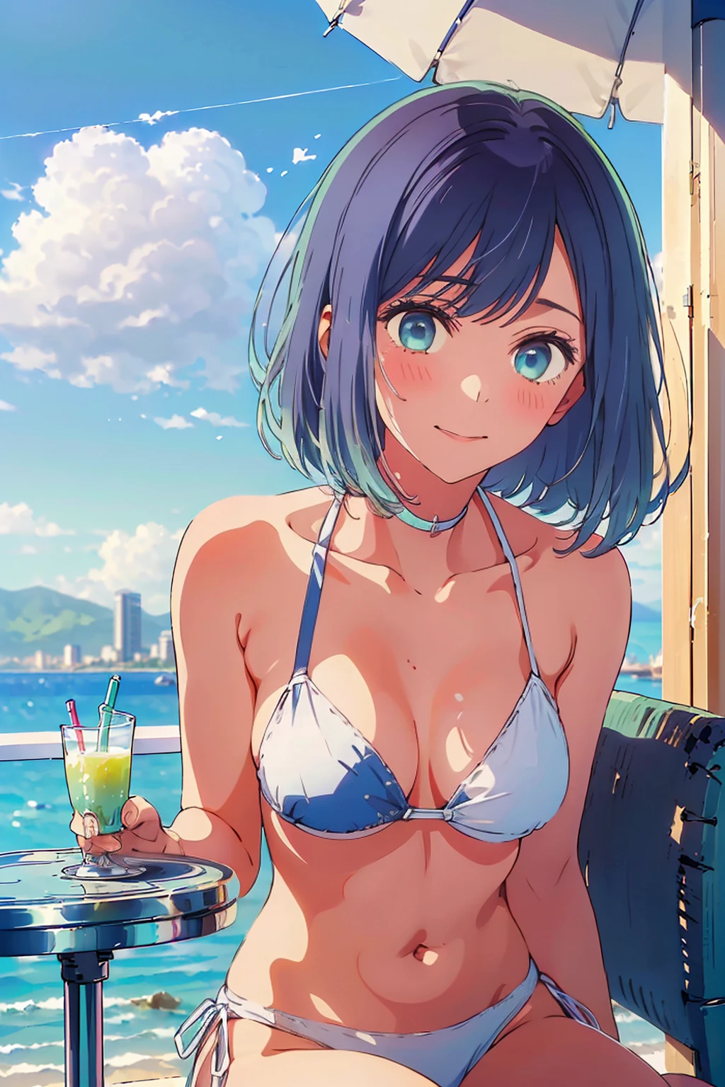 Highest quality,8k,detailed,F cup bust、Big Breasts、Slim and beautiful arms、Slim body、Very white beautiful skin、((((1 person、smile、Swimwear、She is wearing a white side-string high-leg bikini、smile、sit、In the background are the urban buildings of Tokyo、Outdoor café terrace、Drink juice、Cheek resting on hand、coastal、table、looking at the camera、Looking up、Shooting from a distance、Shot from above、Navy hair color、Very cute face))))、Sexy pose、Very blue sky、A completely cloudless sky、She tilted her head slightly、The atmosphere is bright and lively、The woman is at the center of the image。