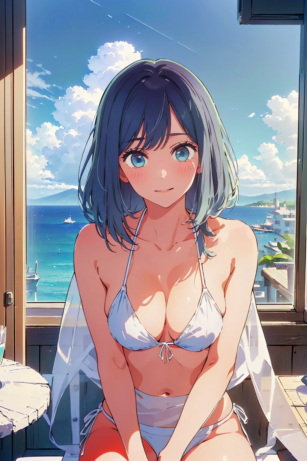 (Highest quality:1.4、8k:1.4,detailed),F cup bust、Big Breasts、Slim and beautiful arms、Slim body、Very white beautiful skin、((((1 person、smile、smile、sit、Chair、In the background are the urban buildings of Tokyo、Outdoor café terrace、coastal、Navy hair color、juice、Cheek cane on table:1.4、She is wearing a white side-string high-leg bikini、Get up close and take a photo、Very cute face))))、looking at the camera、Very beautiful face、Very blue sky、A completely cloudless sky、She tilted her head slightly、The atmosphere is bright and lively、The woman is at the center of the image。