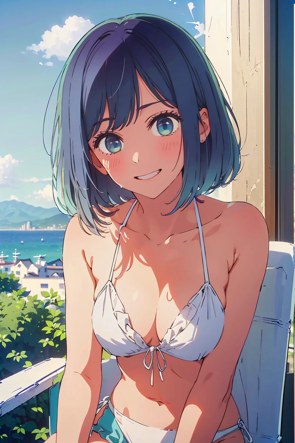 (Highest quality:1.4、8k:1.4,detailed),F cup bust、Big Breasts、Slim and beautiful arms、Slim body、Very white beautiful skin、((((1 person、smile、smile、sit、Chair、In the background are the urban buildings of Tokyo、Outdoor café terrace、coastal、Navy hair color、juice、Cheek cane on table:1.4、She is wearing a white side-string high-leg bikini、Get up close and take a photo、Very cute face))))、looking at the camera、Very beautiful face、Very blue sky、A completely cloudless sky、She tilted her head slightly、The atmosphere is bright and lively、The woman is at the center of the image。