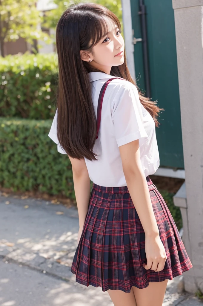 high school girl Back view Checked Skirt