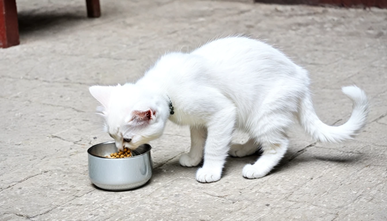 A kitten eating warm milk and cat food。Although a little wary, he eats with all his might.