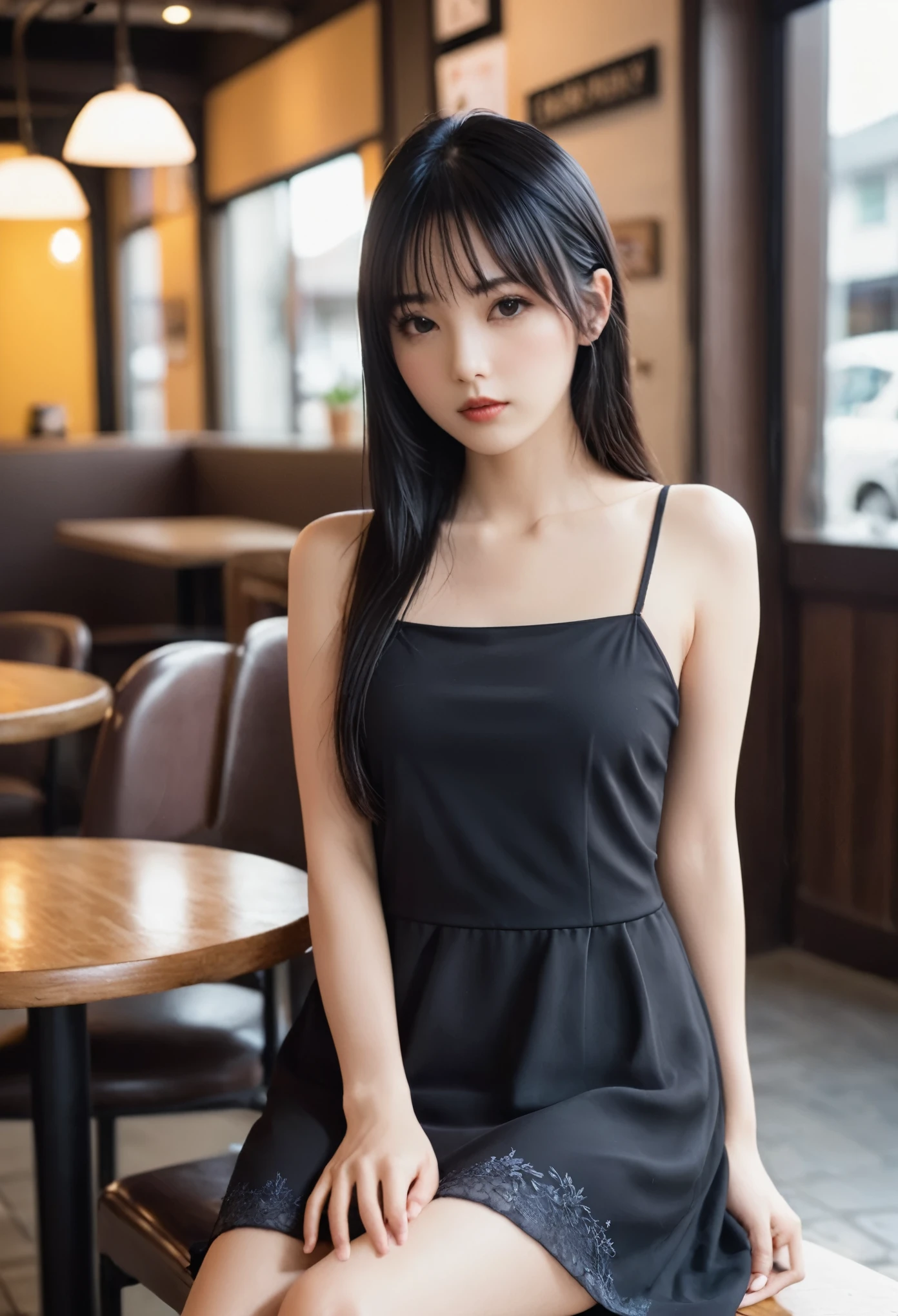 a girl，cute and pretty face，Long straight black hair，Long bangs covering eyes，long eyelashes，(Fine eyes)，small eyes，(half-closed eyes)，(Dark lipstick)，(Dark eyeshadow)，Slim body，Slender limbs，Black spaghetti strap dress，Inside an old coffee shop，clean focus，shallow Depth of Field，Ultra-detailed faces，very beautiful face，Extremely high texture skin，Look into the distance，beautiful legs，seductive，femainine pose，(realistic ，realistic-photo，RAW photo，8K original)，lens flare，film grain，artistic photography，UHD，highres，masterpiece，retina，