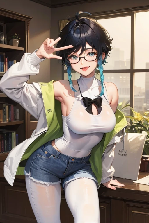 ,, wearing a short ,, she open her clothes,, With his long tongue out of his mouth, with a big breast,, with a peace arm pose,, full body picture with her leg,, wearing a jeans short,, wearing a glasses ,, sexual expresion