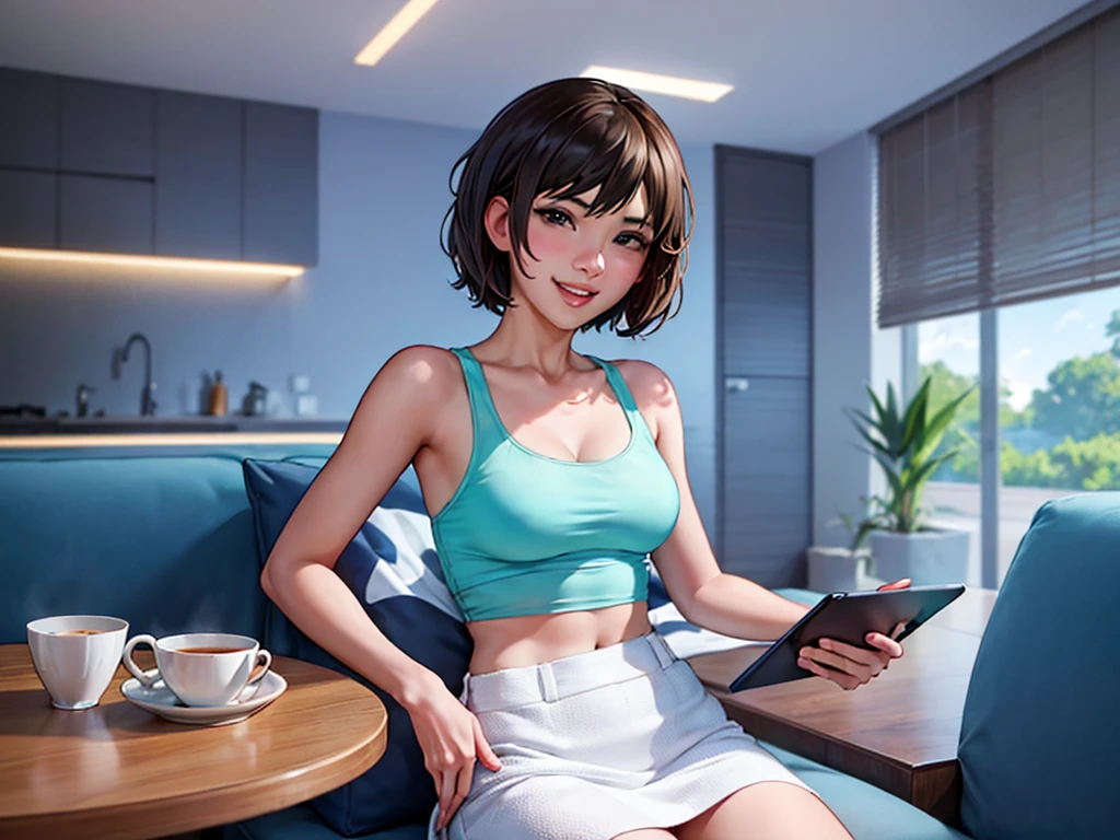 high quality, Makoto Shinkai style, detailed facial details, bright colors, 4K, (solo:1.4), a beautiful 18-year-old woman with short hair, wearing a white tank top and white miniskirt. She is sitting at a dining table in a modern living room, using an iPad. A Wi-Fi router is on the table. She is laughing with her mouth open and looking at the camera. The room is decorated with abstract art.