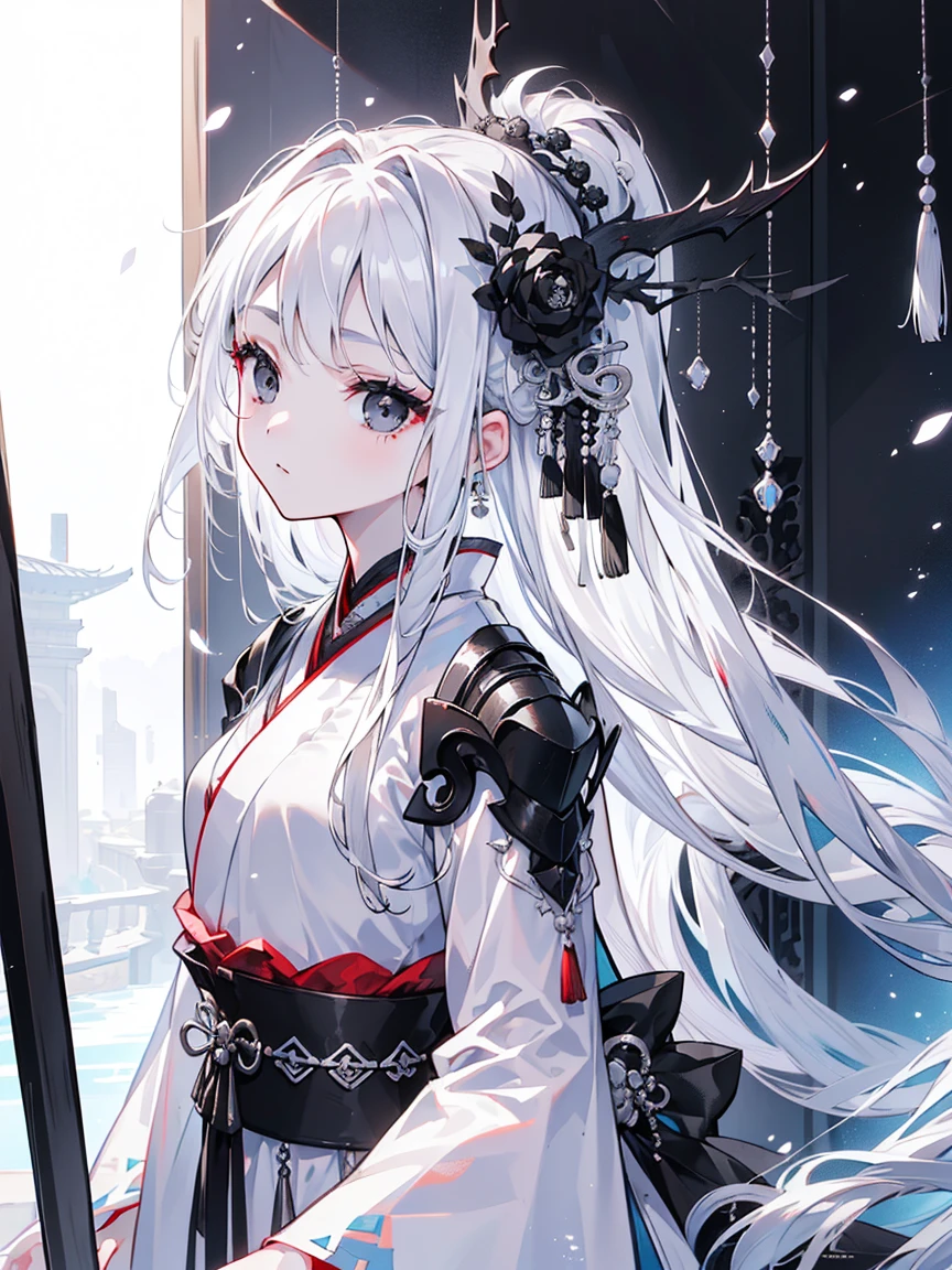 (Top image quality)、(Ultra Detailed)、(Facing forward)、top quality、masterpiece、(((1 girl)))、Silver Hair、white hair、((Long hair))、(black eyes:1.6)、(Hanfu)