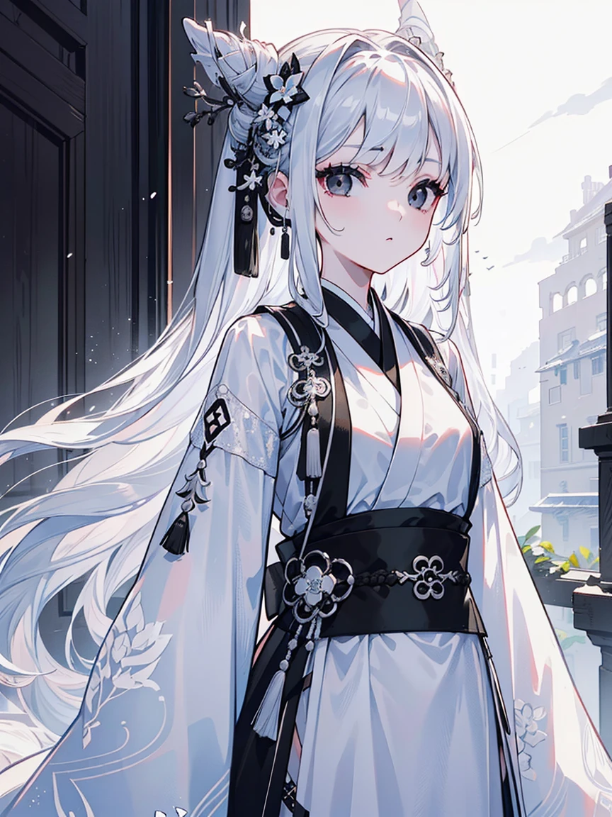 (Top image quality)、(Ultra Detailed)、(Facing forward)、top quality、masterpiece、(((1 girl)))、Silver Hair、white hair、((Long hair))、(black eyes:1.6)、(Hanfu)