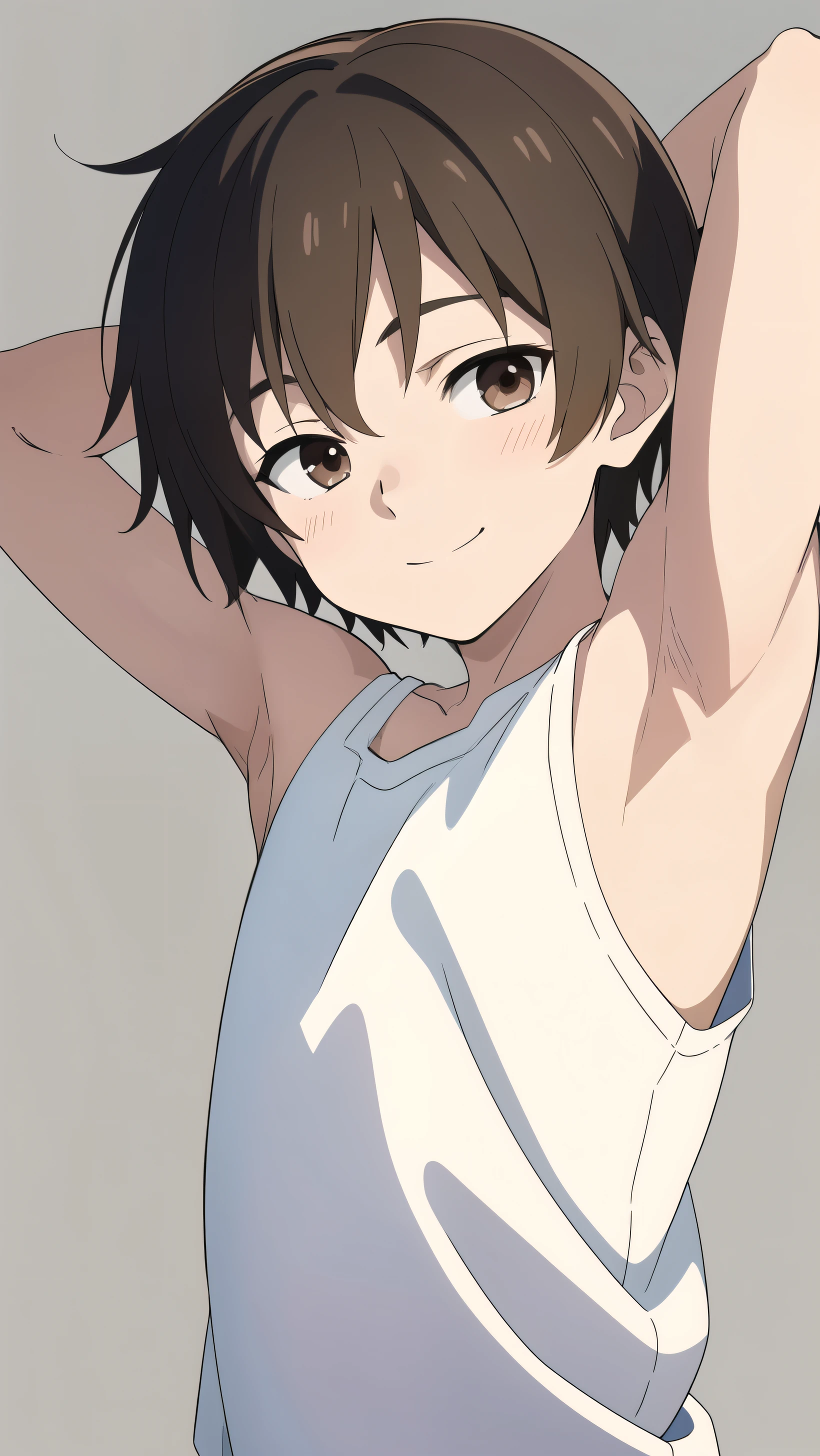 Highres, Masterpiece, Best quality at best,Best Quality,hight quality, hight detailed, Anime style, 1boy, Young boy, Shota, brown hair, Fluffy hair, Seen from the front, look at viewer, smile, (very young boy), (very small and short body), Age 12, Such a cute smooth armpit, Cute armpit, sexy armpit, The armpits of a 12 year old boy, Adorable little armpits, seductive armpits, showing armpit, hansome boy, Uhd, 4k wallpaper