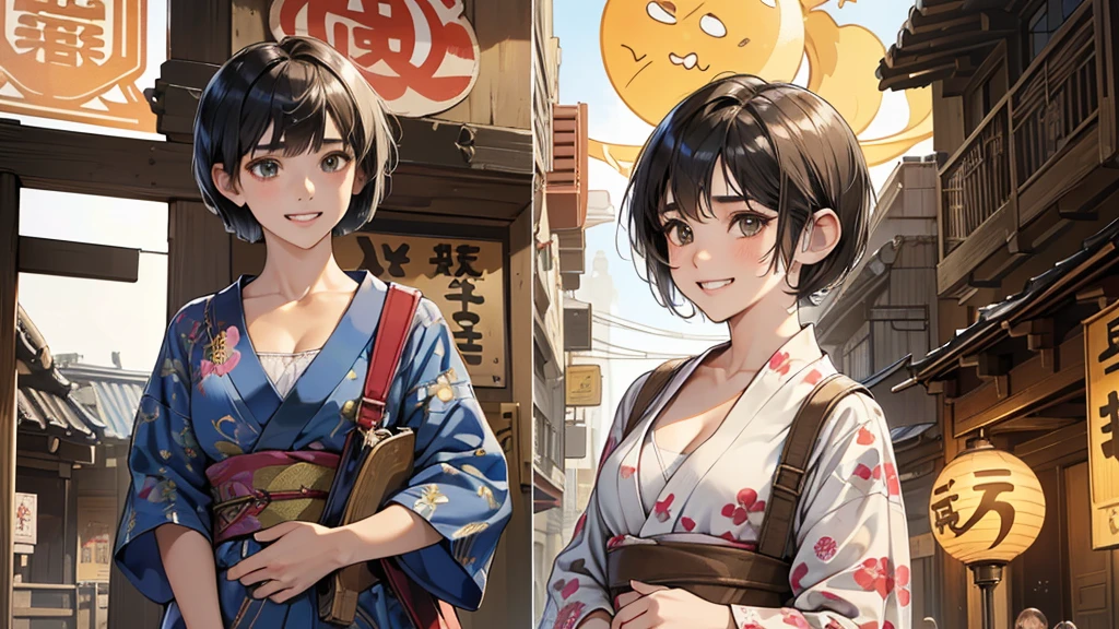 (perfect anatomy:1.2)(absurdres, highres, ultra detailed),masterpiece,best quality,high resolution,8k,Realistic face,Realistic skin texture,magnified textures, stunning clarity,detailed anime girl,(ultra detailed eyes and face),(14 years old:1.2),(baby face:1.2),japanese girl,floral printed blue yukata,、(very short hair, two side up:1.7)、tareme,light brown hair:1.2,kanzashi、glamor、short stature、、(bust up:1.4),Steampunk in the Edo Period、(Vivid hieroglyph signs and street advertisements:1.2)、busy、(grin:1.4)(worried1.4),、hieroglyph,souk、Shopping Street、,(tanned skin:1.4),big breasts,look up viewer,round face,Shoulder Bare,(from front:1.2),(cleavage cutout),busy