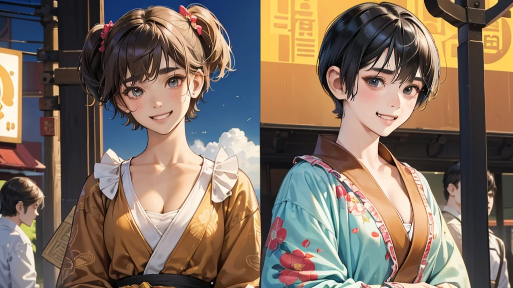 (perfect anatomy:1.2)(absurdres, highres, ultra detailed),masterpiece,best quality,high resolution,8k,Realistic face,Realistic skin texture,magnified textures, stunning clarity,detailed anime girl,(ultra detailed eyes and face),(14 years old:1.2),(baby face:1.2),japanese girl,floral printed blue yukata,、(very short hair, two side up:1.7)、tareme,light brown hair:1.2,kanzashi、glamor、short stature、、(bust up:1.4),Steampunk in the Edo Period、(Vivid hieroglyph signs and street advertisements:1.2)、busy、(grin:1.4)(worried1.4),、hieroglyph,souk、Shopping Street、,(tanned skin:1.4),big breasts,look up viewer,round face,Shoulder Bare,(from front:1.2),(cleavage cutout),busy