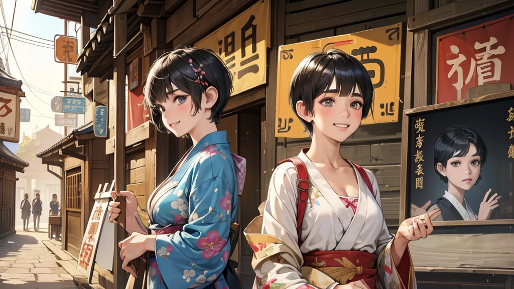 (perfect ???????:1.2)(absurdres, highres, ultra detailed),masterpiece,best quality,high resolution,8k,Realistic face,Realistic skin texture,magnified textures, stunning clarity,detailed anime girl,(ultra detailed eyes and face),(14 years old:1.2),(baby face:1.2),japanese girl,floral printed blue yukata,、(very short hair, two side up:1.7)、tareme,light brown hair:1.2,kanzashi、glamor、short stature、、(bust up:1.4),Steampunk in the Edo Period、(Vivid hieroglyph signs and street advertisements:1.2)、busy、(grin:1.4)(worried1.4),、hieroglyph,souk、Shopping Street、,(tanned skin:1.4),big breasts,look up viewer,round face,Shoulder Bare,(from front:1.2),(cleavage cutout),busy