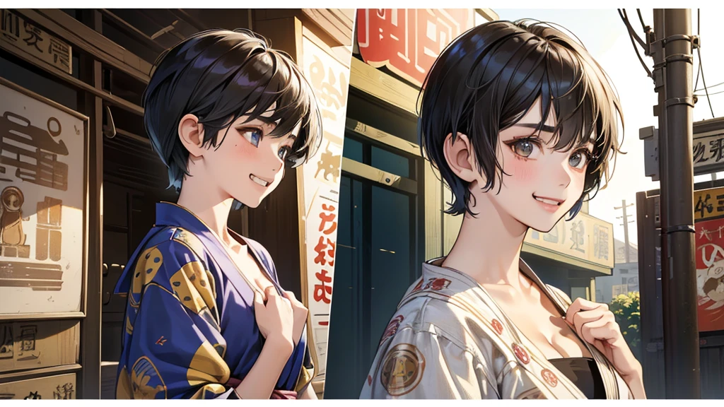 (perfect anatomy:1.2)(absurdres, highres, ultra detailed),masterpiece,best quality,high resolution,8k,Realistic face,Realistic skin texture,magnified textures, stunning clarity,detailed anime girl,(ultra detailed eyes and face),(:1.2),(baby face:1.2),japanese girl,floral printed blue yukata,、(very short hair, two side up:1.7)、tareme,light brown hair:1.2,kanzashi、glamor、short stature、、(bust up:1.4),Steampunk in the Edo Period、(Vivid hieroglyph signs and street advertisements:1.2)、busy、(grin:1.4)(worried1.4),、hieroglyph,souk、Shopping Street、,(tanned skin:1.4),big breasts,look up viewer,round face,Shoulder Bare,(from front:1.2),(cleavage cutout),busy