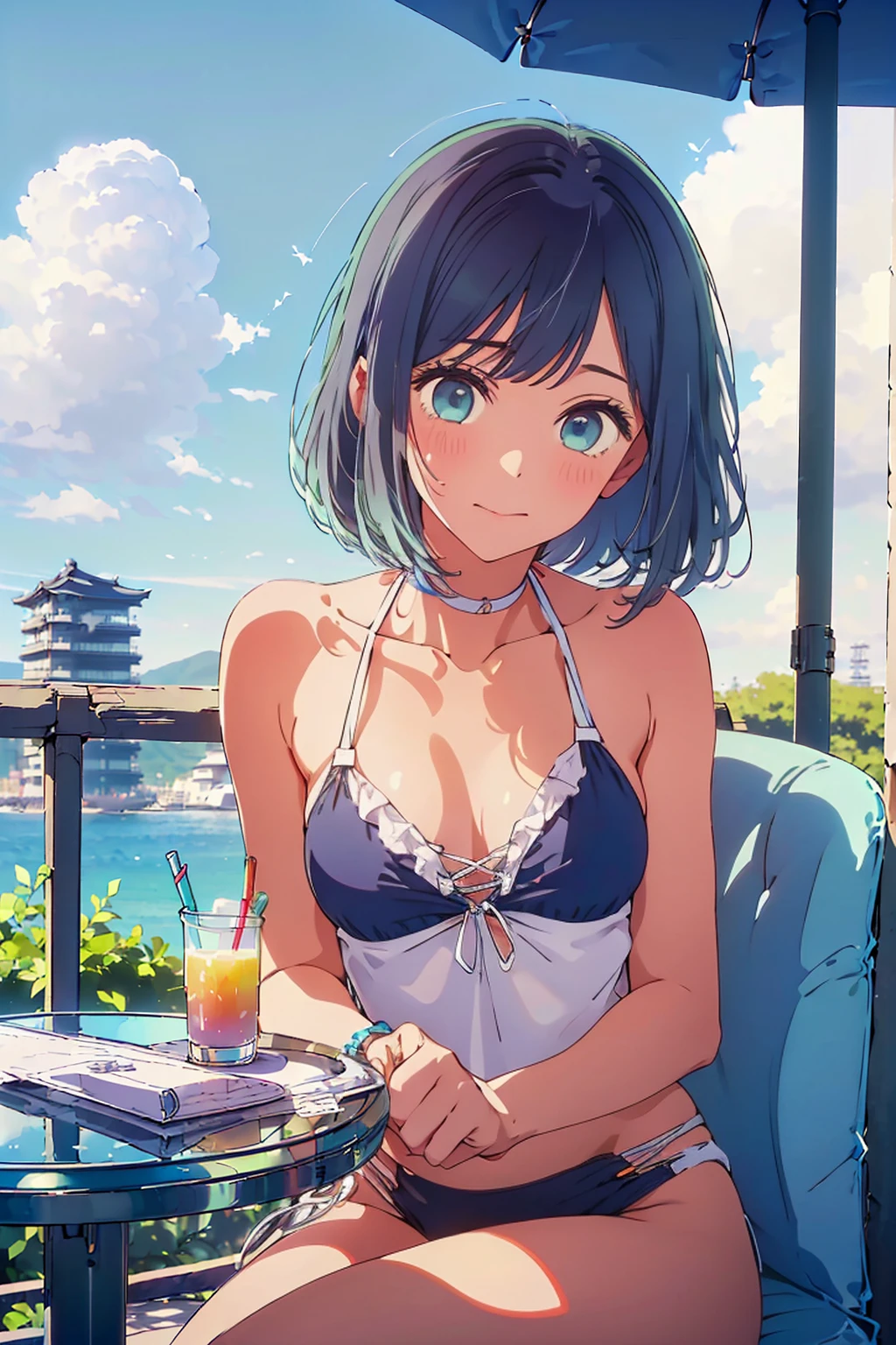 (Highest quality:1.4、8k:1.4,detailed),F cup bust、Big Breasts、Slim and beautiful arms、Slim body、Very white beautiful skin、((((1 person、smile、smile、sit、Chair、In the background are the urban buildings of Tokyo、Outdoor café terrace、coastal、Navy hair color、juice、Cheek cane on table:1.4、She is wearing a white side-string high-leg bikini、Get up close and take a photo、Very cute face))))、looking at the camera、Very beautiful face、Very blue sky、A completely cloudless sky、She tilted her head slightly、The atmosphere is bright and lively、The woman is at the center of the image。