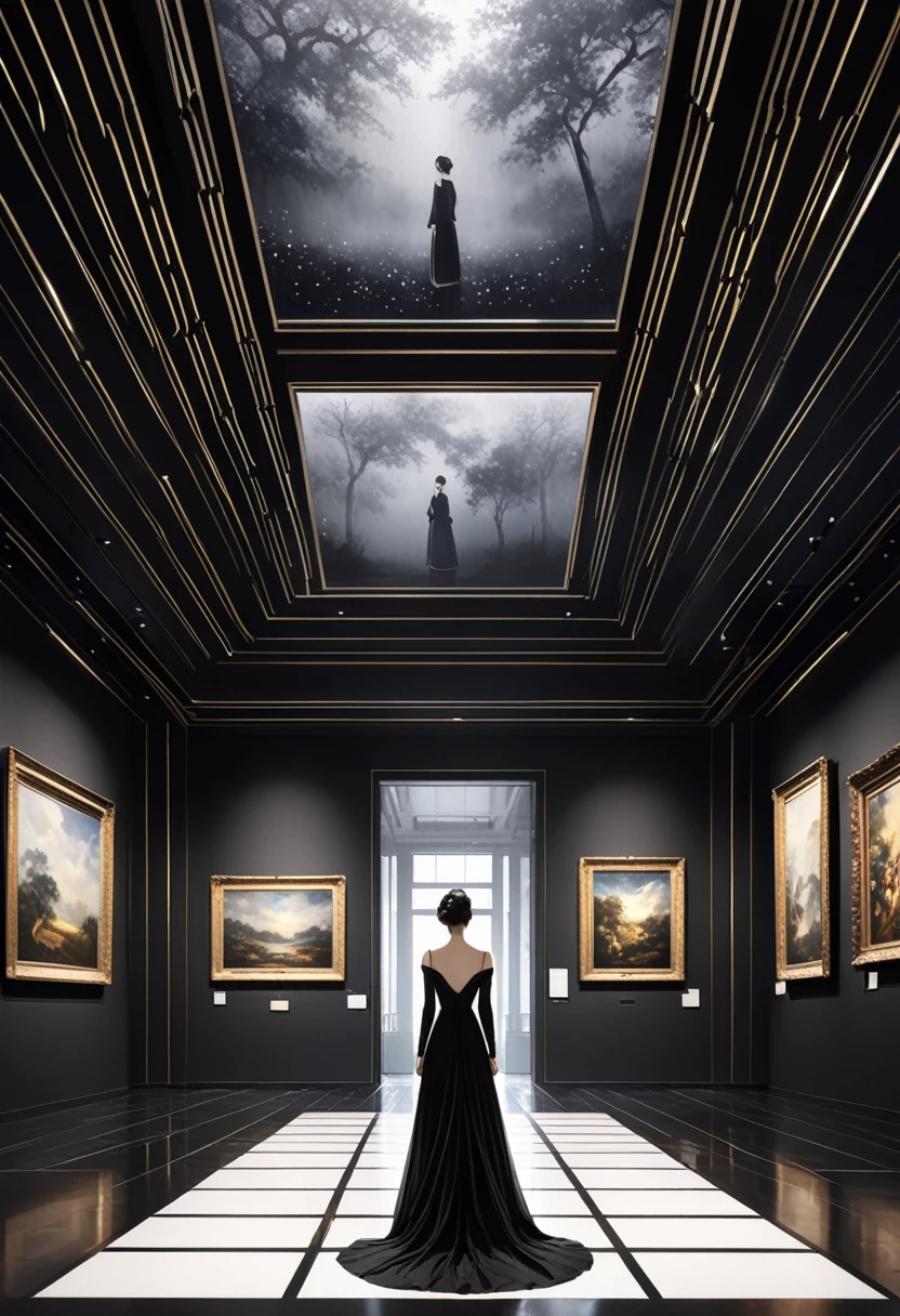 This is the inside of the museum.。In the center is、A person in a gorgeous golden dress stands there.、Around it々There are paintings on display。The ceiling is made of glass、Natural light pours into the room。Other people々It seems like you also appreciate art.、They appear as a black mist because they are moving.。
This scene、It gives the museum a grand and elegant atmosphere.。Black and white photo、Creates a dramatic and elegant mood。The person in the dress is standing with her back to the camera.、Its presence stands out。On either side are large framed paintings.、It gives you a sense of grandeur in an art gallery.。Natural light pours in through the glass ceiling.、It lights up the whole space。Other people々It seems that you also appreciate art.、They look black and foggy、You can see how it moves.。