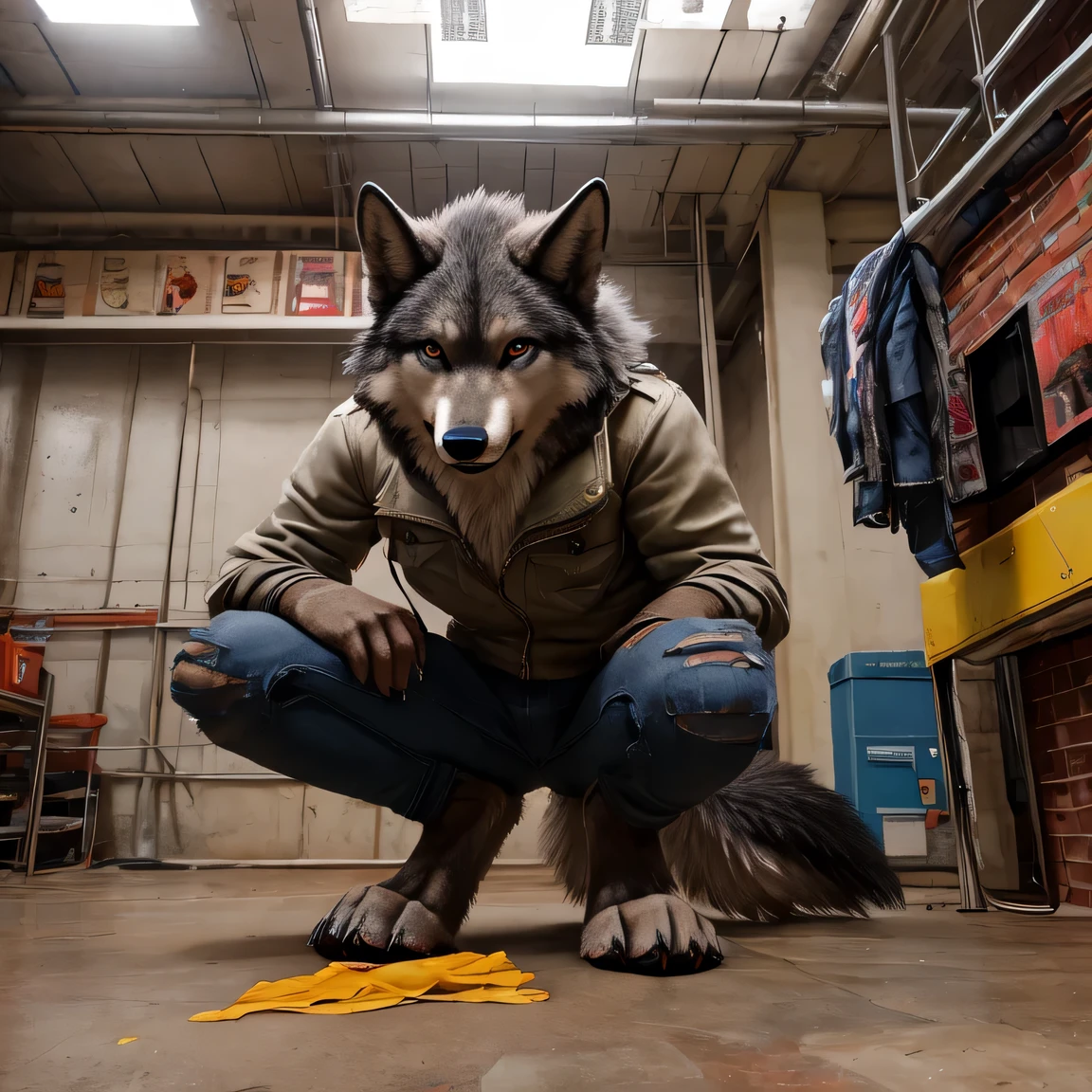 photorealism,solo,wolf,grass,outside,detailed background,anthro,digitigrade,torn clothes,detailed eyes,torn pants,sitting,foot focus,soles,black pawpads,4 toes,toeless,canine,blush,orgasm face,open mouth, 18 inch penis,