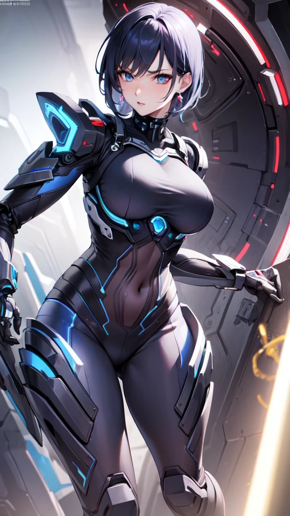 Mature Woman, Woman in a futuristic suit, Highly detailed face, nice, mother, Tomboy, Very large breasts, (Mature Woman), Adult face, (Mature Woman), Cyber Suit, Anime girl in tight suit, Milfication, Elegant body, Focus on the navel, nude, gloves, Earrings, SF, Female protagonist, Are standing, Volumetric Light, Detailed lighting, Detailed Texture, BoobsCyberpunk, Biomechanical OPPAI, masterpiece, Top quality eyes, sci-fi background, Futuristic landscape, Low - Angle, Chubby, (Smooth surface)