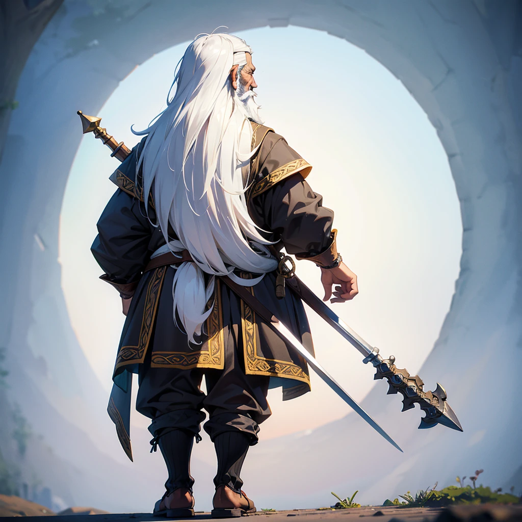 back view old dwarf with white beard in medieval outfit om the hahll