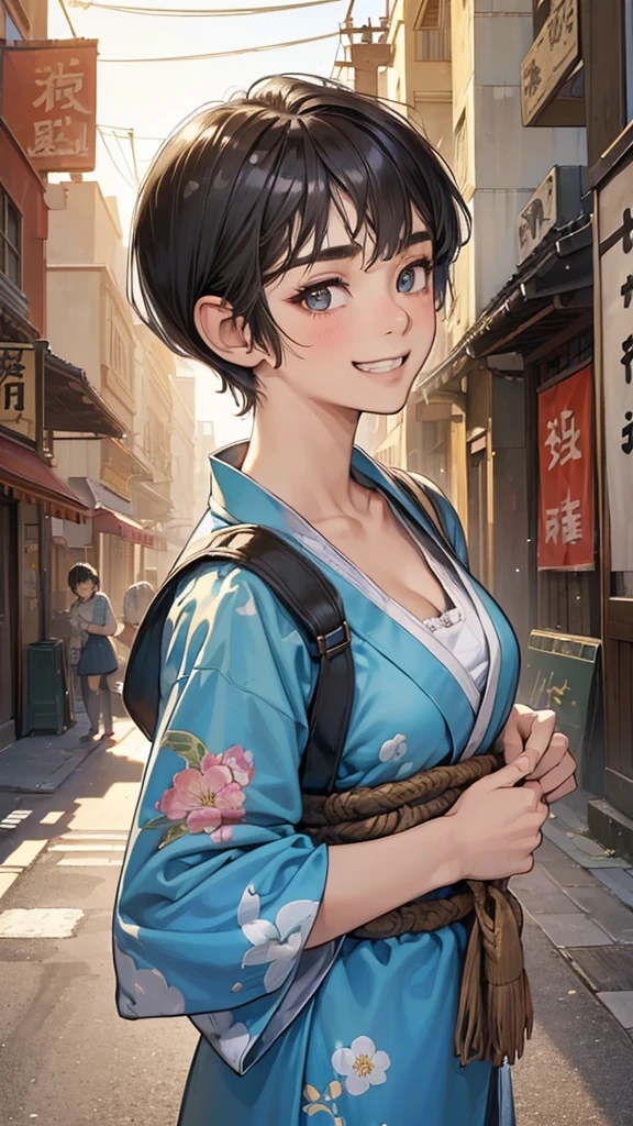 perfect anatomy:1.2)(absurdres, highres, ultra detailed),masterpiece,best quality,high resolution,8k,Realistic face,Realistic skin texture,magnified textures, stunning clarity,detailed anime girl,(ultra detailed eyes and face),(:1.2),(baby face:1.se girl,floral printed blue yukata,、(very short hair, two side up:1.7)、tareme,light brown hair:1.2,kanzashi、glamor、short stature、、(bust up:1.4),Steampunk in the Edo Period、(Vivid hieroglyph signs and street advertisements:1.2)、busy、(grin:1.4)(worried1.4),、hieroglyph,souk、Shopping Street、,(tanned skin:1.4),big breasts,look up viewer,round face,Shoulder Bare,(from front:1.2),(cleavage cutout),busy