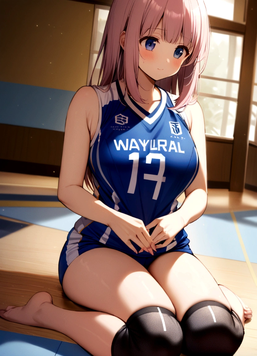 A woman in a volleyball uniform is sitting on the floor, Wearing a volleyball jersey, Sports bra and dark blue shorts, Cute girl in a tank top, Indoor shooting, Navy leotard costume, mayuri shiina,