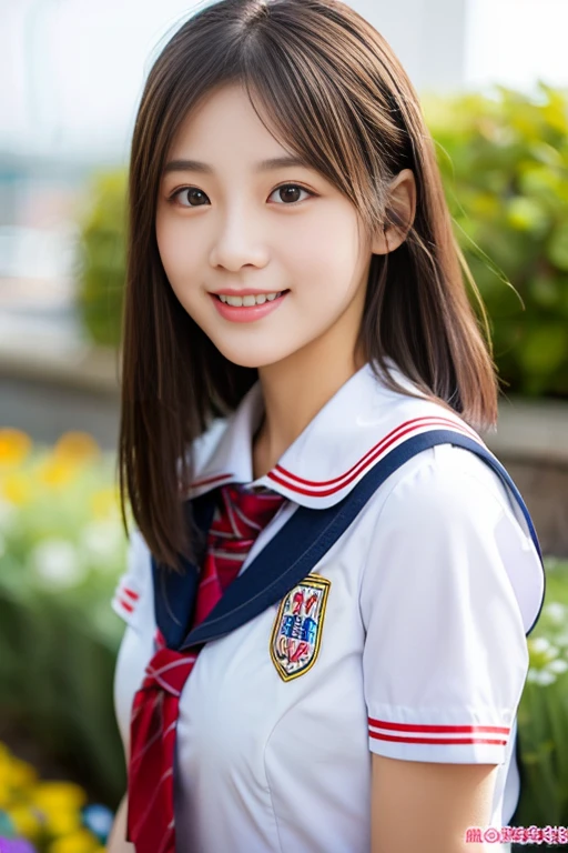 (((full bodyesbian)))、((Girls' High School Uniforms))、((1a person))、short ponytail hair、short bob hair、Close to the subject、((a school flower beds)))、(((ssmile)))、(((Girls' High School)))、((a beauty girl))、((sexy pose))、Photorealsitic、Beautiful detailed eyes、Hyper-Realism、high contrast、Ultra HD、realistic skin textures、Top image quality、top-quality、超A high resolution、Fine details、Very meticulously、well-endowed round bosom, head to waist, bokeh