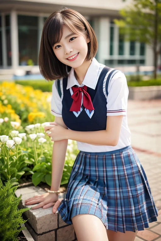 Highest quality、masterpiece、Ultra-high resolution、Professional Lighting、Clear photos、Realistic、(Very cute girl、beautiful girl、The cutest Yoda Yuki)、slender、Small breasts、Very short bob cut、Smile、(Schoolgirl in uniform、Elaborate Uniforms、Navy blue pleated skirt、mini skirt)、In a lush park、Sit on a bench、(With legs wide open、M-shaped legs)、(Wear white underwear、(She gets excited and shows off her white panties))