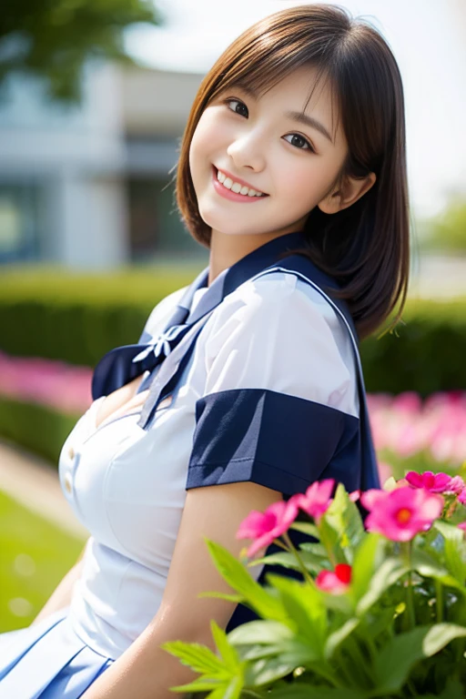 (((full bodyesbian)))、((Girls' High School Uniforms))、((1a person))、short ponytail hair、short bob hair、Close to the subject、((a school flower beds)))、(((ssmile)))、(((Girls' High School)))、((a beauty girl))、((sexy pose))、Photorealsitic、Beautiful detailed eyes、Hyper-Realism、high contrast、Ultra HD、realistic skin textures、Top image quality、top-quality、超A high resolution、Fine details、Very meticulously、well-endowed round bosom, head to waist, bokeh
