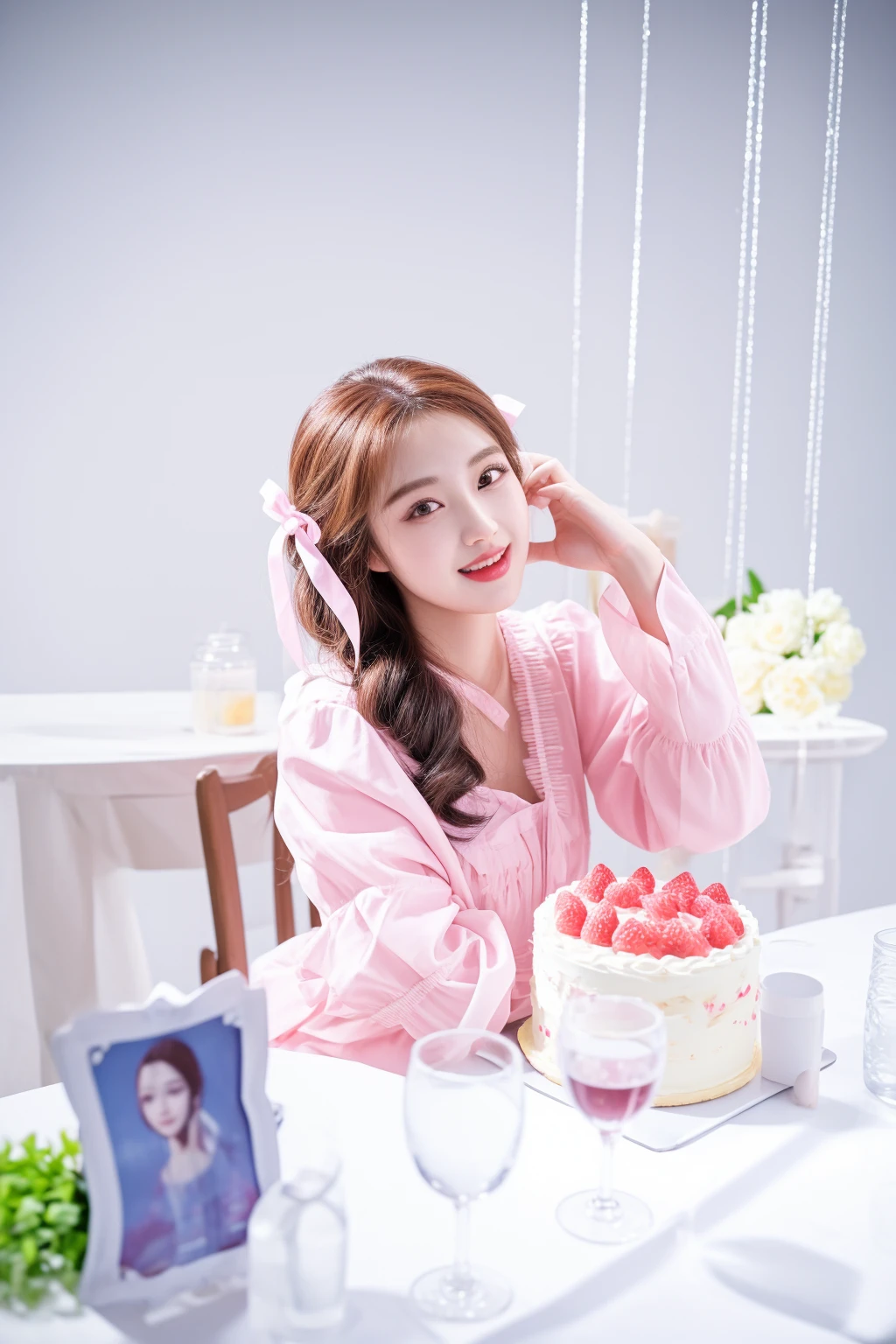 there is a woman sitting at a table with a cake, tzuyu from twice, taken with canon eos 5 d mark iv, photo taken with nikon d750, photo taken with nikon d 7 5 0, cute:2, belle delphine, a cute young woman, photoshoot, fanart, high res, lee ji - eun, lee ji-eun