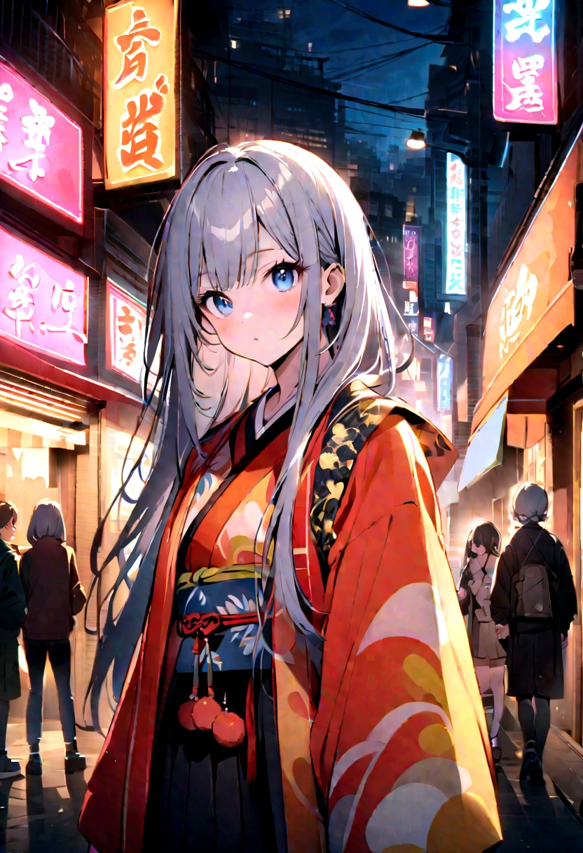 Urban cityscape at night、A landscape lit by colorful neon lights、One has gray hair、Long Hair、blue eyes、Wearing Reiwa-style clothes、The other one has bob hair、Wearing Heisei-style clothes