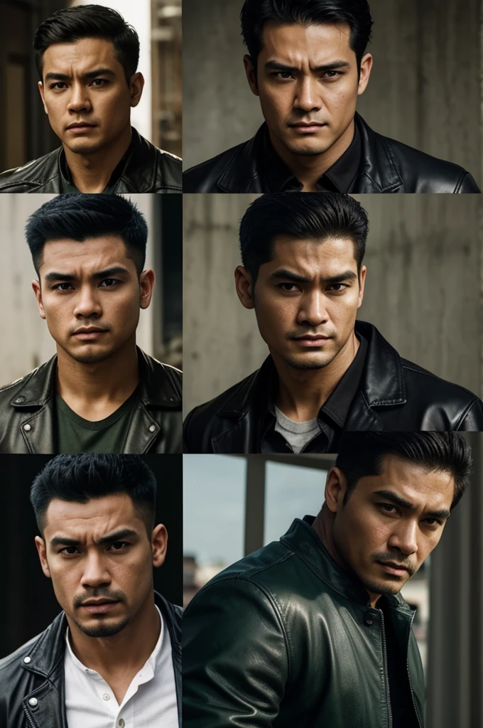 make character of my action film and his name is " Jim ". But 2 picture of this man in present and past. In first picture is Jim 23 years old and the second picture is 30 years old. This man is filipino and attractive because of nose and eyebrow. Wearing leather jacket color dark green and holding pistol. The facial expression of this man is normal, not smiling, not sad.