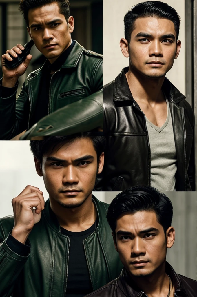 make character of my action film and his name is " Jim ". But 2 picture of this man in present and past. In first picture is Jim 23 years old and the second picture is 30 years old. This man is filipino and attractive because of nose and eyebrow. Wearing leather jacket color dark green and holding pistol. The facial expression of this man is normal, not smiling, not sad.