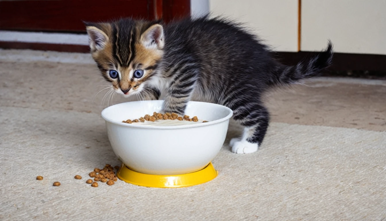 A kitten eating warm milk and cat food。Although a little wary, he eats with all his might.