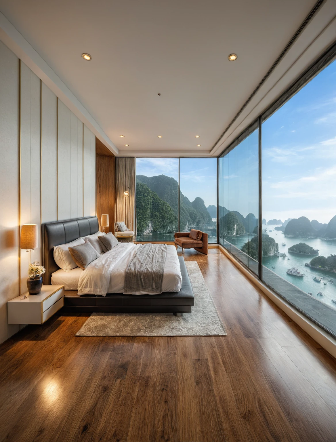 Raw photo,Masterpiece, high quality, best quality, authentic, super detail, interior, indoors, bedroom style modern , view sea halong bay , sunset, day light, bed, lamp, carpet, bedside cabinets, flower vase, wooden floor ,glass windows, downlight, armchair and tea table, curtain,