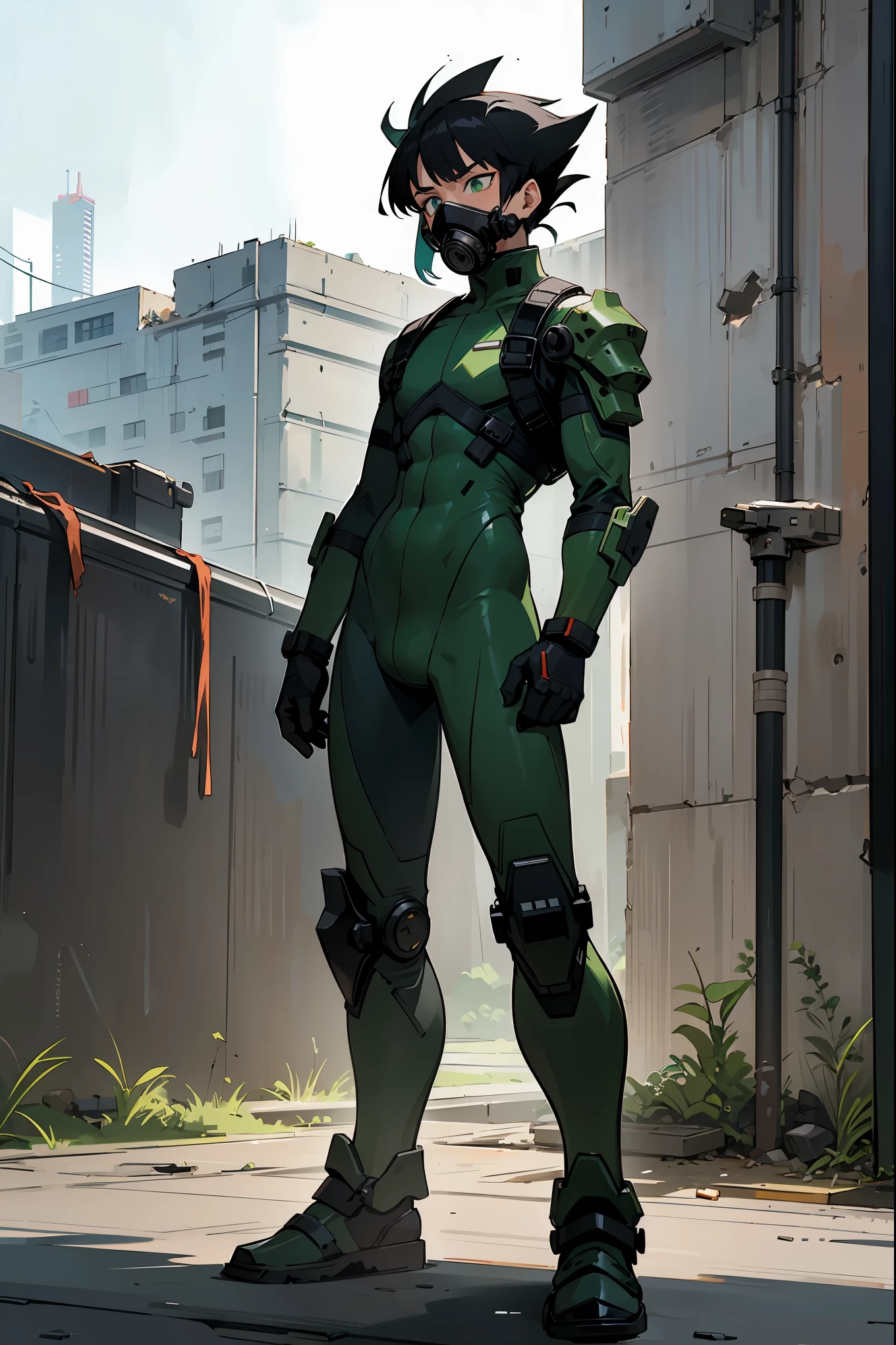 1male , Black Hair , Multicolored Hair , Gon Hair , Green Bodysuit , Military armored combat clothing , Ruined City Background , Standing on sidewalk , Gas Mask , Perfect Generation