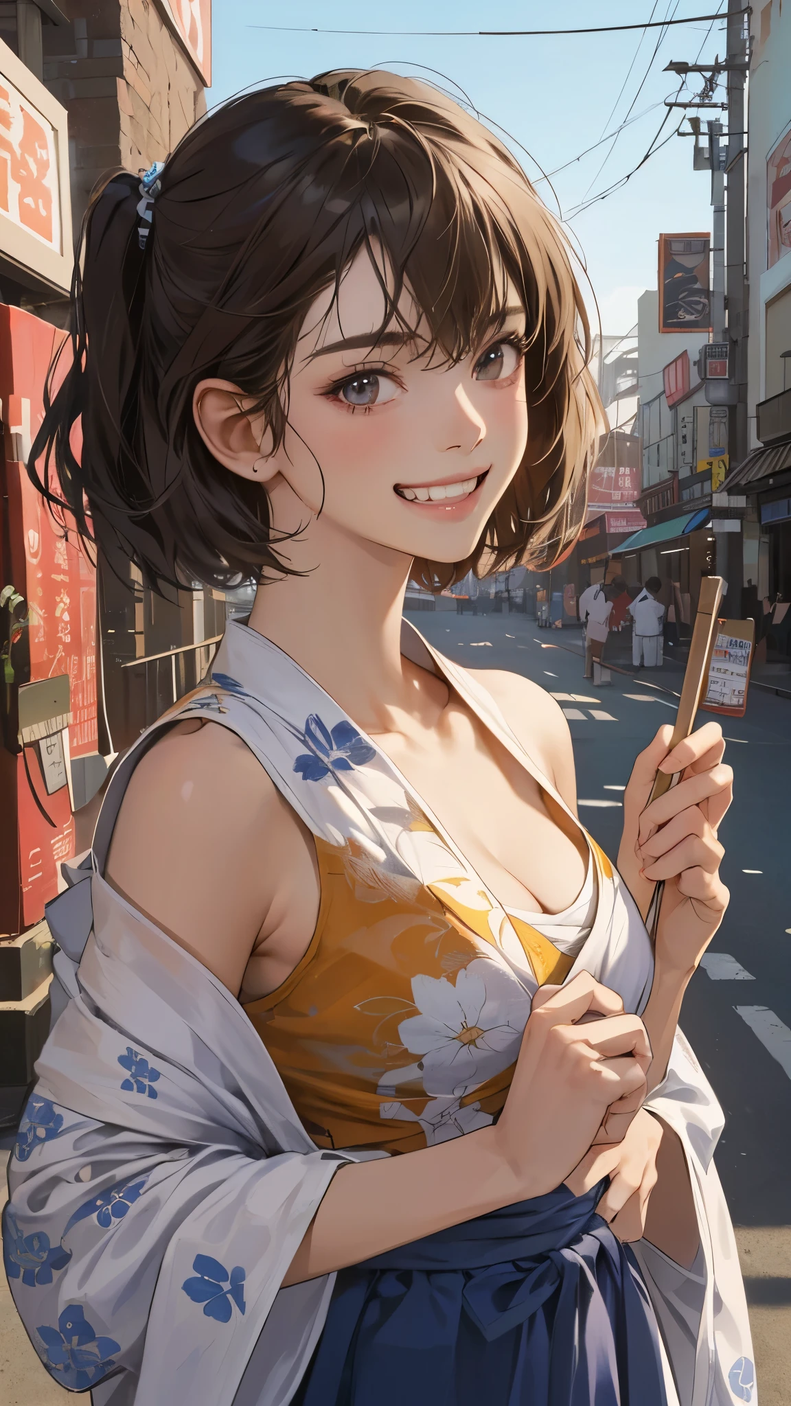 (perfect anatomy:1.2)(absurdres, highres, ultra detailed),masterpiece,best quality,high resolution,8k,Realistic face,Realistic skin texture,magnified textures, stunning clarity,detailed anime girl,(ultra detailed eyes and face),(:1.2),(baby face:1.se girl,floral printed blue yukata,、(very short hair, two side up:1.4)、tareme,light brown hair:1.2,kanzashi、glamor、short stature、、(bust up:1.4),Steampunk in the Edo Period、(Vivid hieroglyph signs and street advertisements:1.2)、busy、(grin:1.4)(worried1.4),、hieroglyph,souk、Shopping Street、,(tanned skin:1.3),big breasts,look up viewer,round face,Shoulder Bare,(from front:1.2),(cleavage cutout),busy
