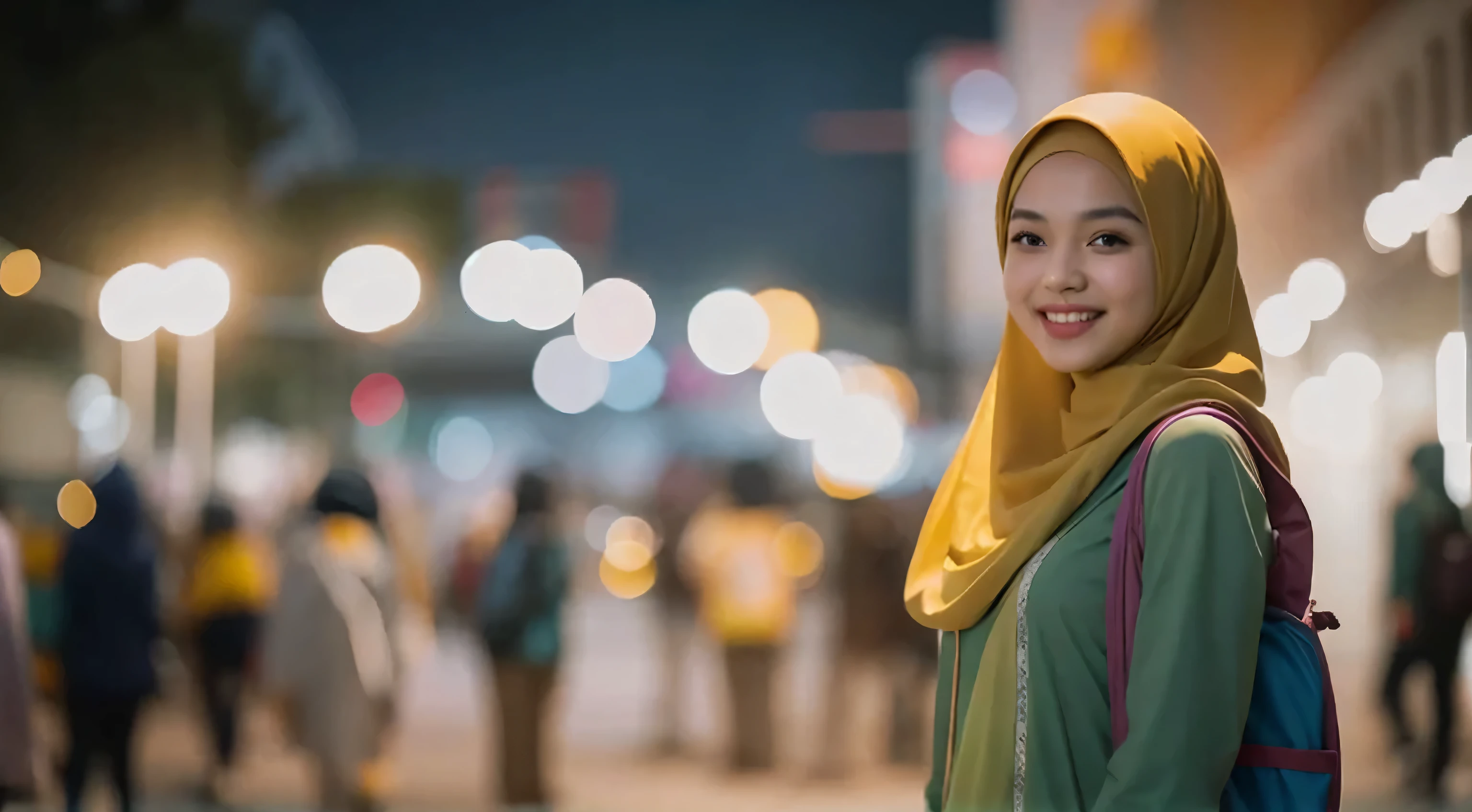 A girl, Malay, hijab, plain Malaysia baju kurung, college girl, back pack, detail skin, detail skin texture, mole below eyes, small breast, slim abs, beautiful body, nighttime, laughing, happy, bright lighting, college student scene, blur background, full body picture, rules of third, vibrant color grading, light leaks, starbursts, epic fantasy.