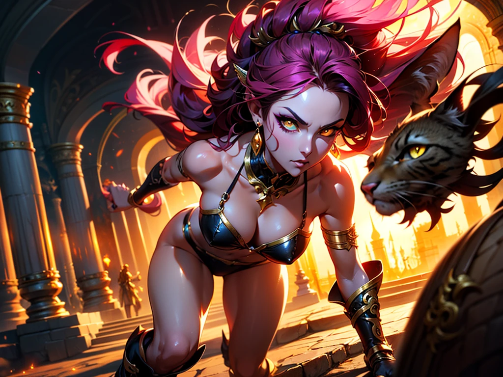 There is lost coliseum there stand female lionessin battle stance, she have ebony colour skin beautiful yellow cat eyes dark gold eyeshadows make up, ring style earrings, her hair is purple with pink highlights . she dressed in white neather topic with golden parts on countures also short and white leather straps on her cat legs instead of boots, her hands have hude ruby claws on her fingers, (ultra high quality fantasy art, anime fantasy style, masterpiece, ultra high quality character design, 8k quality anime art, realistic anime art, top quality wallpaper illustration, detailed ultra high quality accurate face, high quality design and accurate physic)