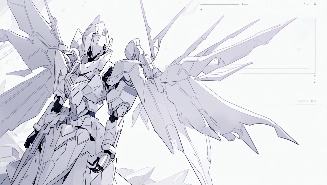 white hero page ui ux theme website, white and blue (mostly white) theme, robotic wings black and white silhouetter