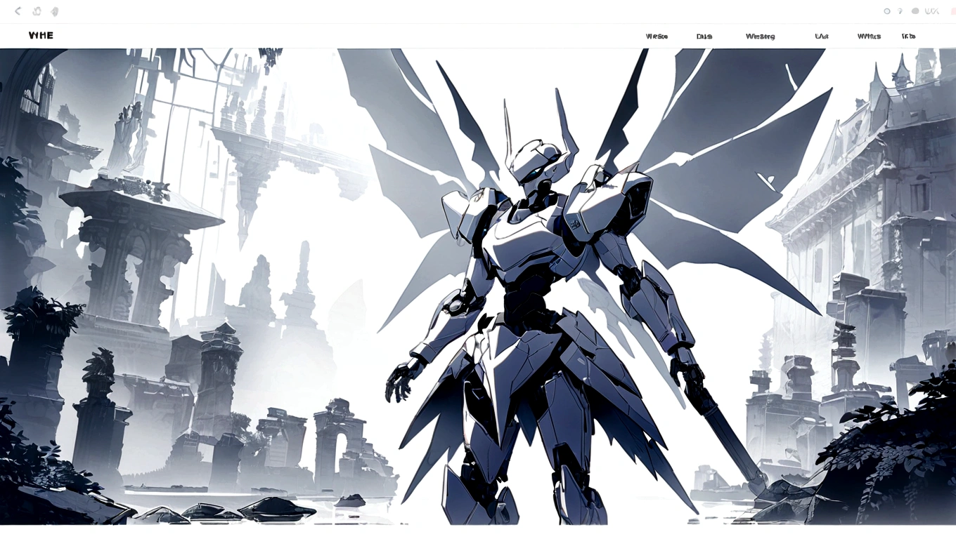 white hero page ui ux theme website, white and blue (mostly white) theme, robotic wings black and white silhouetter
